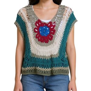 Boho Crochet Knit Top Multicolor Flower Design Festival Hippie Style Batwing